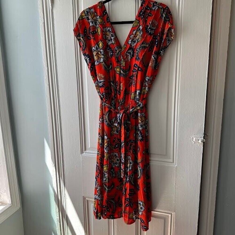 Lands' End Red-Orange Paisley Floral Midi Dress, V Neck & Back, Tie Waist, 10